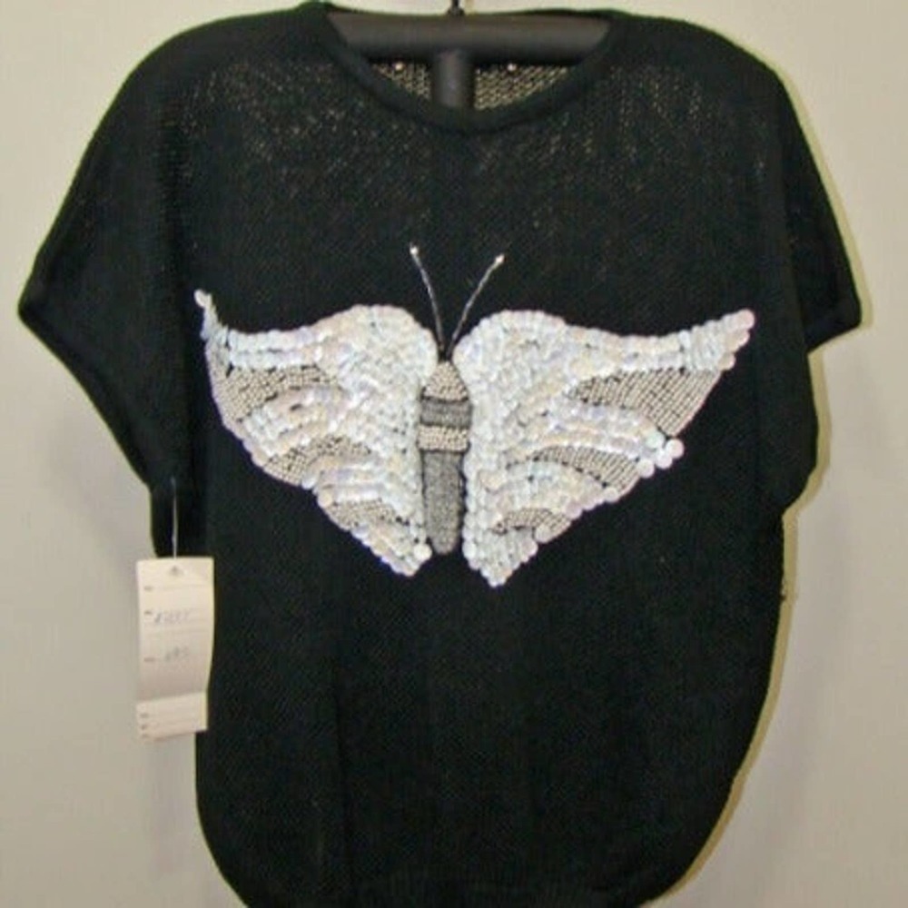 Disenos Dulcinella Black Women's Beaded & Sequent Butterfly Sweater - Size M